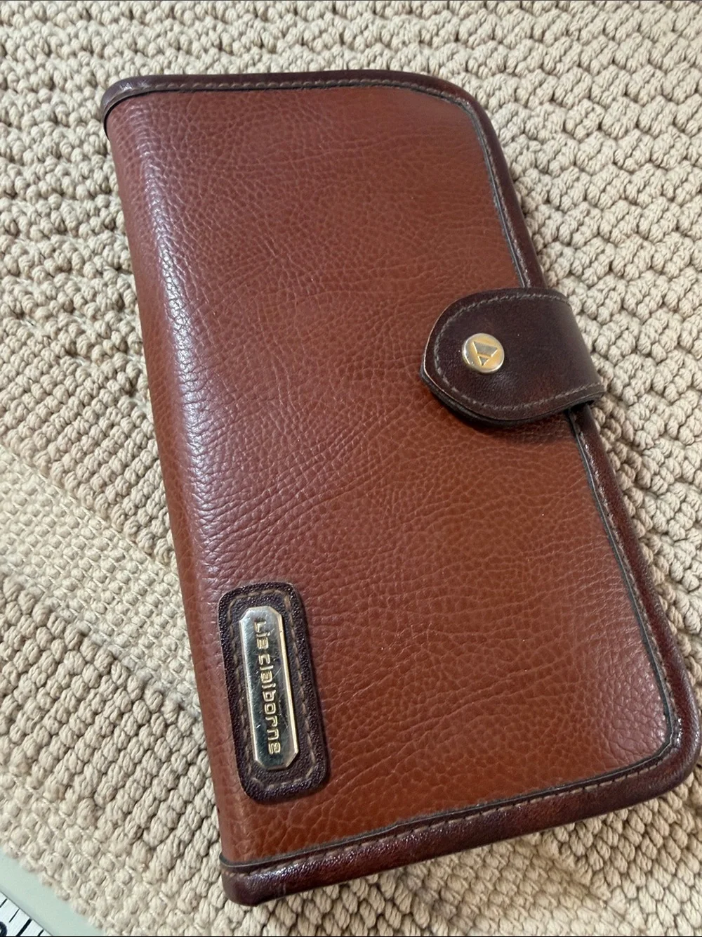 Vintage Liz Claiborne Brown Leather Checkbook Wallet Snap Closure